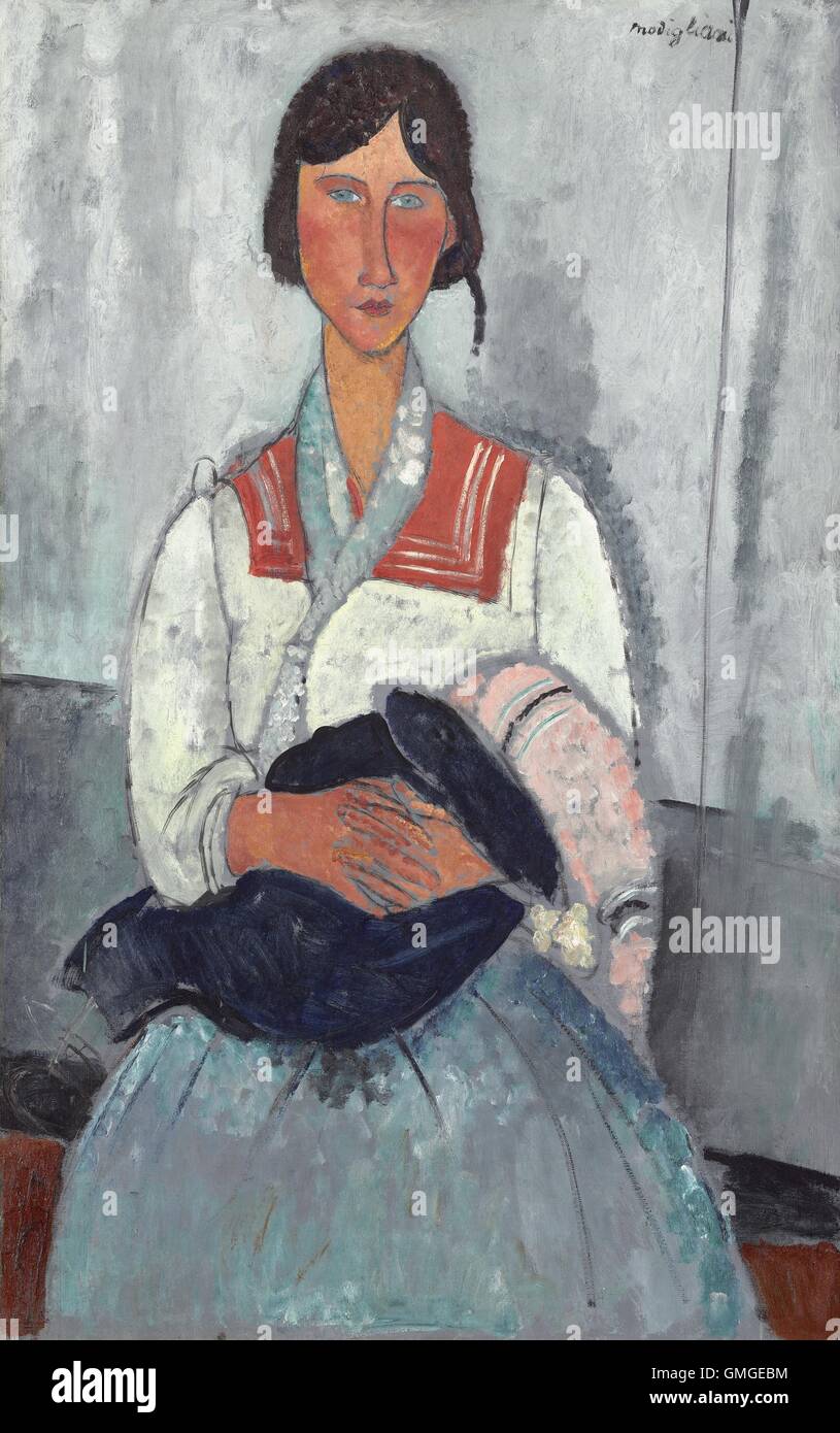 Gypsy Woman with Baby, by Amedeo Modigliani, 1919, Italian painting, oil on canvas. The model for this painting was probably Modigliani's 20 year old mistress, Jeanne Hebuterne, and their child (BSLOC 2016 6 102) Stock Photo