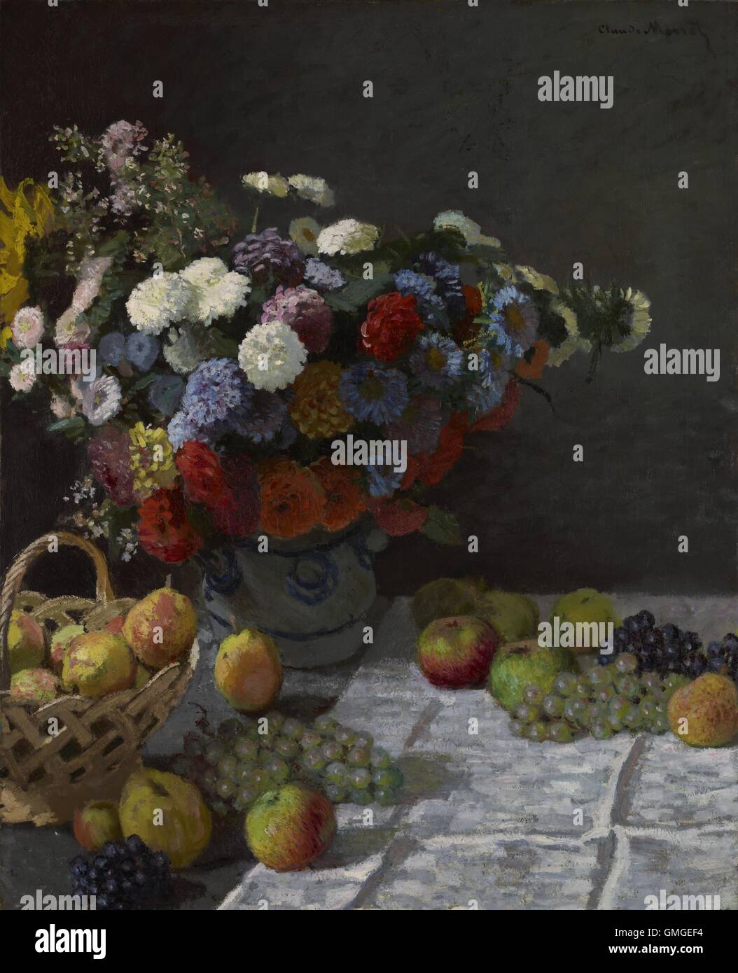 Still Life with Flowers and Fruit, by Claude Monet, 1869, French impressionist painting, oil on canvas. Monet painted this still life in the summer and fall of 1869, while he was living at Bougival on the Seine River (BSLOC 2016 6 14) Stock Photo