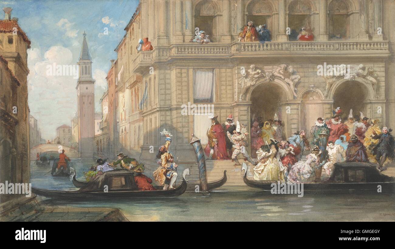 Masqueraders Boarding Gondolas before a Venetian Palazzo, by Eugene Louis Lami, 1869, French painting, watercolor, graphite on paper. The Venice Carnival on Shrove Tuesday marks the last day before the penitent season of Lent. Carnival in Venice dates bac (BSLOC 2016 6 160) Stock Photo