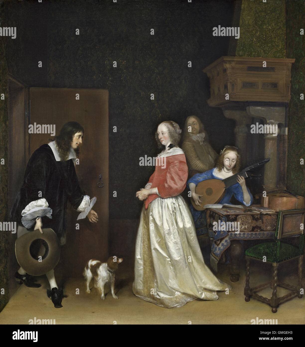 The Suitor's Visit, by Gerard ter Borch, the Younger, 1658, Dutch painting, oil on canvas. A man bows gracefully as he is greeted by a young woman wearing a white satin dress with a corset jacket. Another woman plays a lute and a man warms his hands at th (BSLOC 2016 6 162) Stock Photo