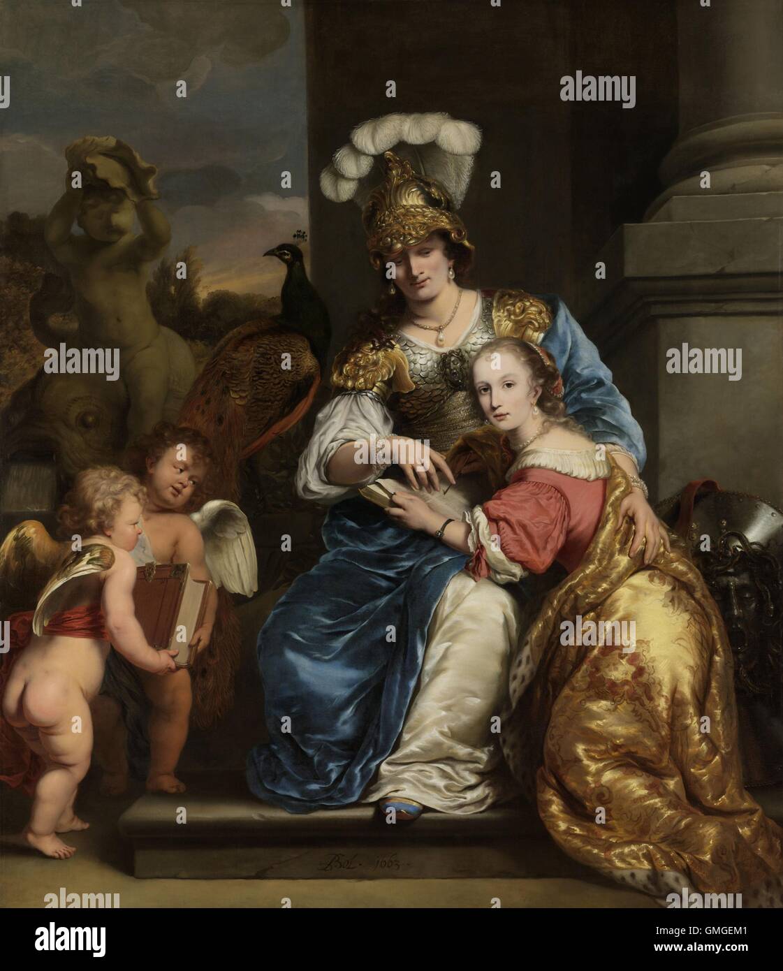 Margarita Trip as Minerva, Instructing her Sister Anna Maria Trip, by Ferdinand Bol, 1663, Dutch painting, oil on canvas. Two daughters of the wealthy, arms dealing, Trip family. In an allegorical portrait, the eldest is Minerva, goddess of art and scienc (BSLOC 2016 6 200) Stock Photo