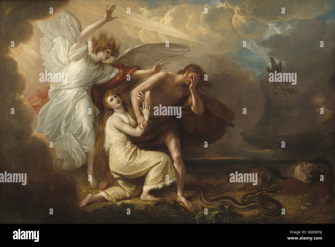 The Expulsion of Adam and Eve from Paradise, 1791, by Benjamin West, by Anglo-American painting, oil on canvas. Archangel Michael expels Adam and Eve, who wear coats of skins' from Eden. The serpent, slithers away on its belly to eat dust. The sharp beam (BSLOC 2016 6 220) Stock Photo