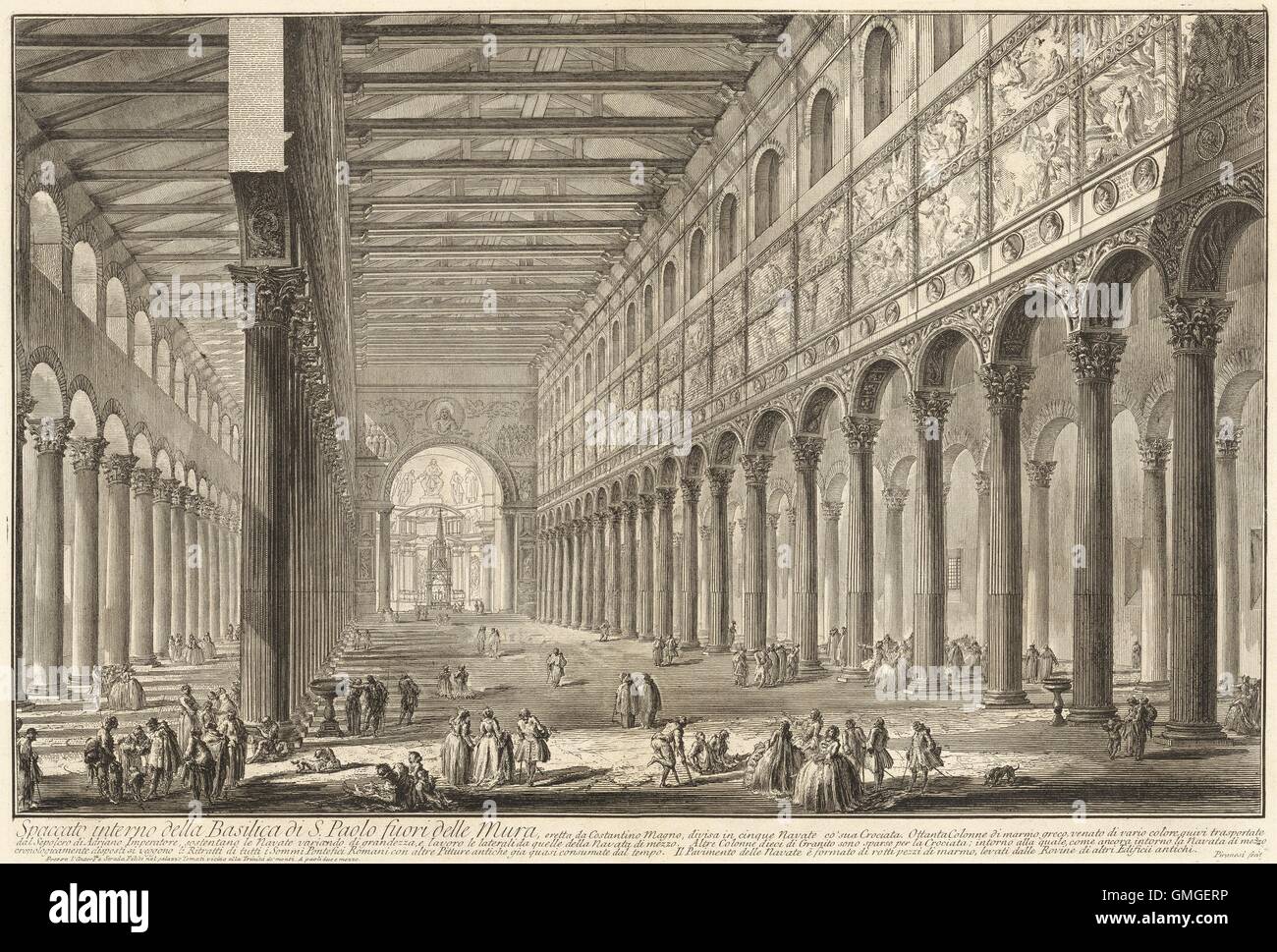 Internal cross-section of St. Paul Outside the Walls, by Giovanni Battista Piranesi, 1748-49, Italian print, engraving. Construction of this Early Christian basilica, began in Rome in 386 at the site of St. Paul's martyrdom. It was almost totally destroye (BSLOC 2016 6 246) Stock Photo