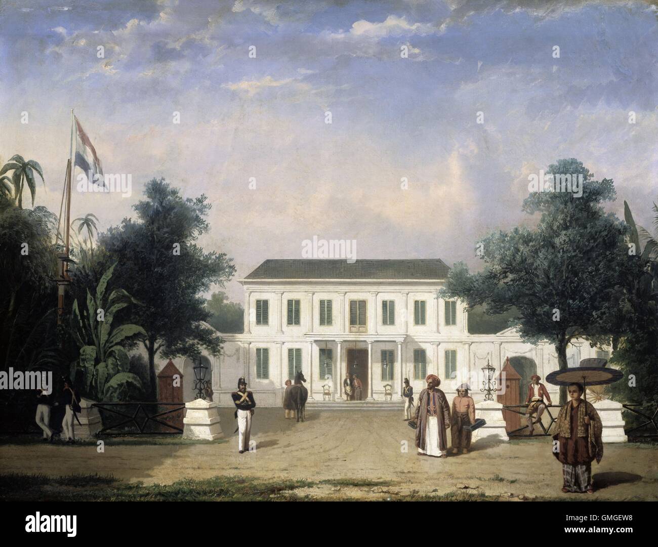 House on the Rijswijk, Batavia (Jalan Veteran), by Ernest Alfred Hardouin, 1835-45, Dutch Colonial painting, oil on canvas. Built by Pieter Tency in 1796. In the foreground is a Javanese woman with pajong, an umbrella used as a distinctive sign for offici (BSLOC 2016 6 258) Stock Photo