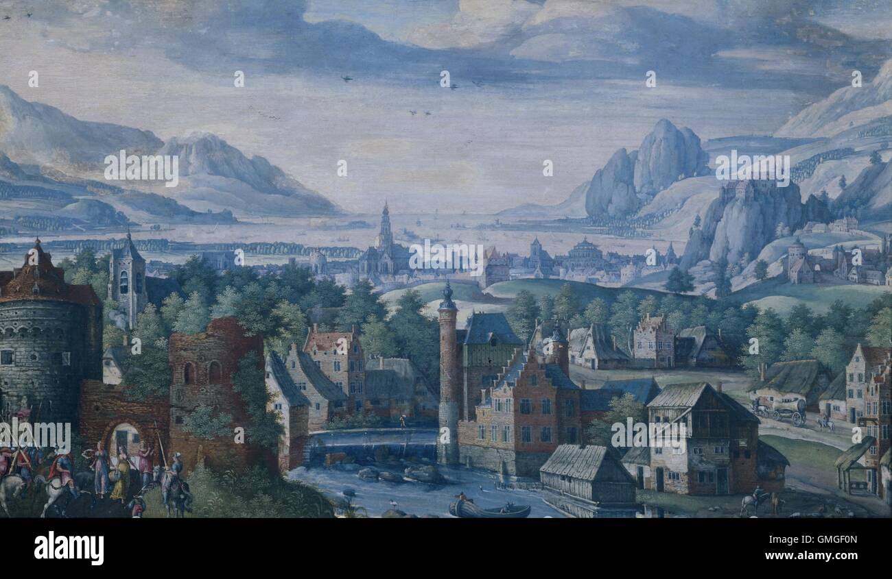 Landscape with the Story of Jephthah's daughter, by Jacob Savery (I), 1580-89, Flemish-Dutch painting, gouache on vellum. The Biblical scene in lower left is set in a spacious landscape of Northern European town and waterway (BSLOC 2016 6 296) Stock Photo