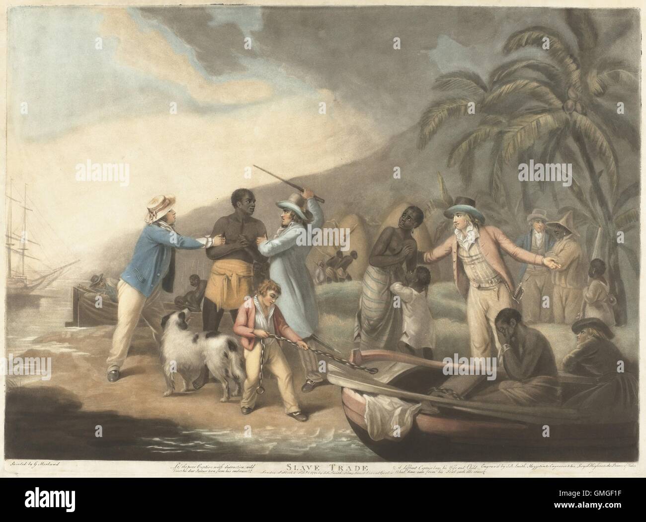 Slave Trade, by John Raphael Smith, after George Morland, 1762-12, British print. The print's caption reads: Lo the poor Captive with distraction wild, Views his dear Partner torn from his embrace; A different Captain buys his Wife and Child, What time ca (BSLOC 2016 6 310) Stock Photo