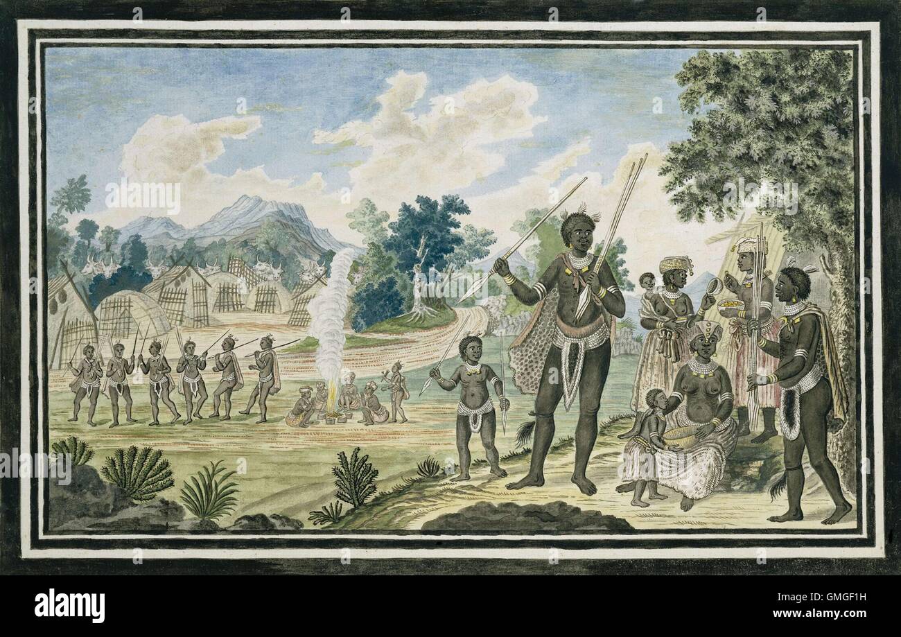 Xhosa warrior with Five Assegais, Walk to the Left, by Robert Jacob Gordon, 1777-86, Scottish drawing, watercolor, ink, on paper. Assegai are the slender, iron-tipped, spears of southern African peoples. The scene include women, children, other warriors,  (BSLOC 2016 6 312) Stock Photo