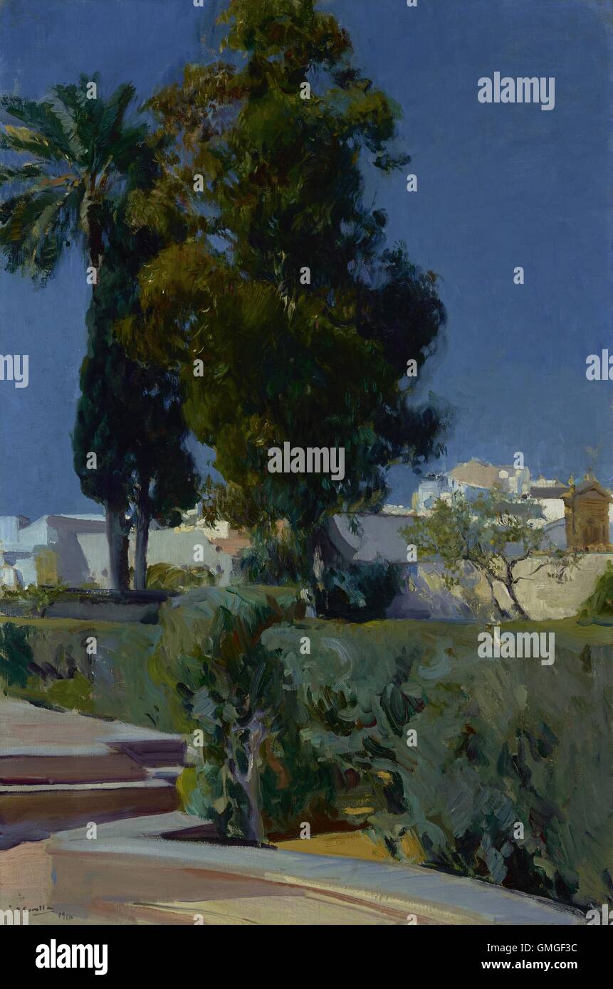 Corner of the Garden, Alcazar, Sevilla, by Joaquin Sorolla y Bastida, 1910, Spanish painting, oil on canvas. Sorolla painted the sky as an intense deep blue (BSLOC 2016 6 42) Stock Photo