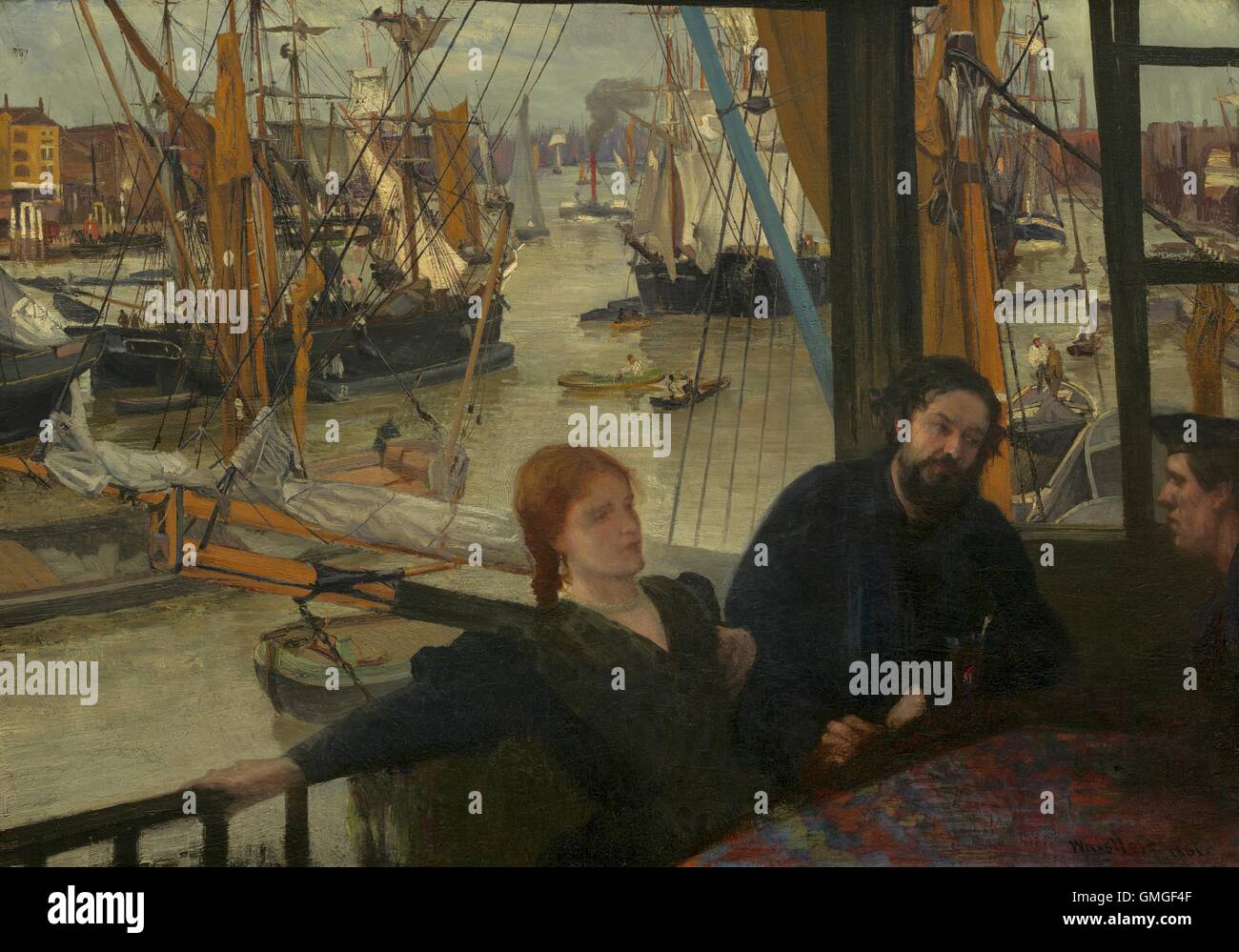 Wapping, by James McNeill Whistler, 1860-64, American painting, oil on canvas. On the Thames waterside at Wapping, Whistler's mistress, Johanna Hiffernan, and Parisian painter, Alphonse Legros, sit at a table of the Angel Inn on the Thames waterside at Wa (BSLOC 2016 6 56) Stock Photo