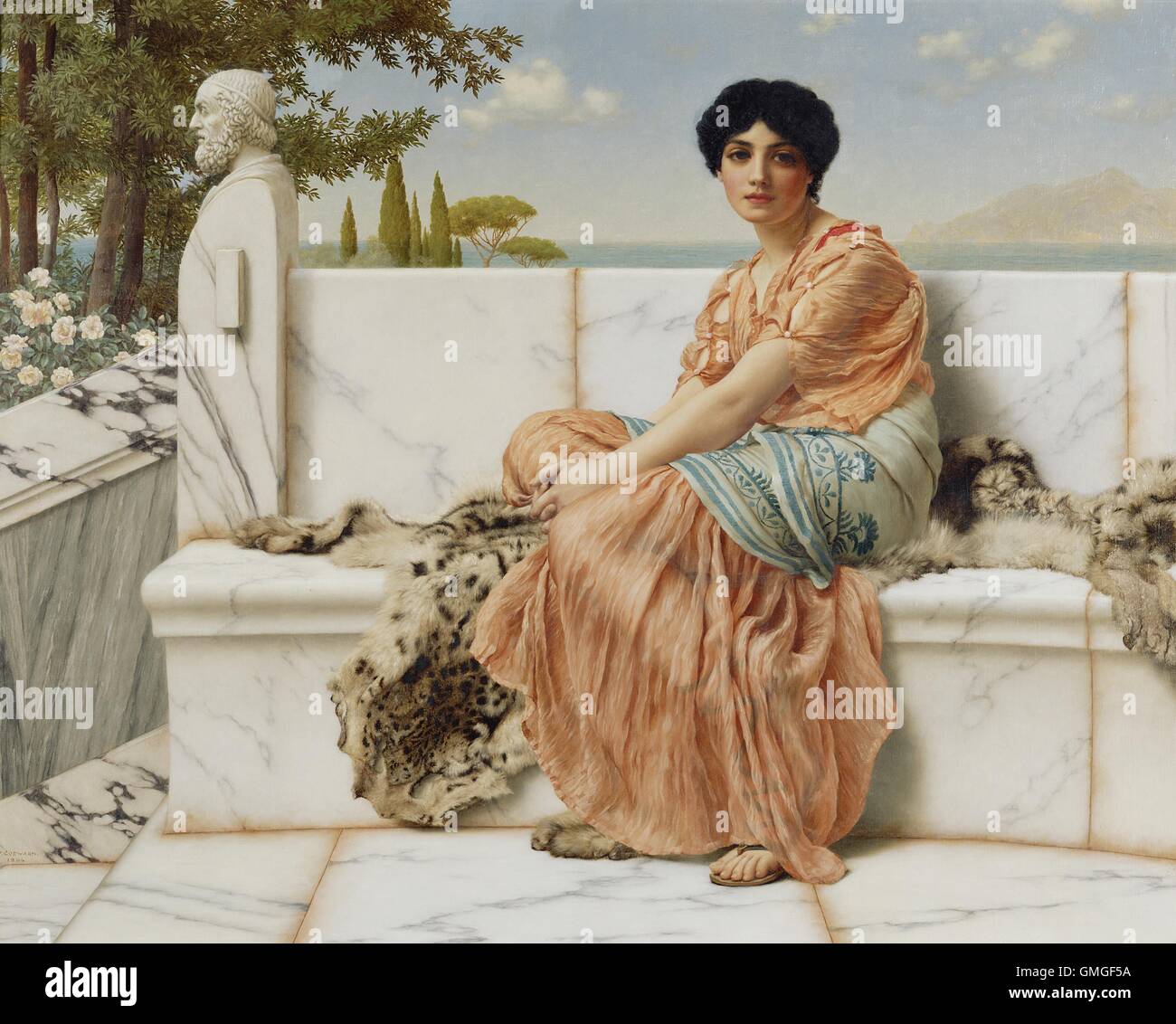 Reverie, by John William Godward, 1904, English painting, oil on canvas. A young woman sits on a smooth, veined marble bench terminating in a herm figure, probably representing the poet Homer. As a setting for beautiful young women, Godward painted variou (BSLOC 2016 6 66) Stock Photo