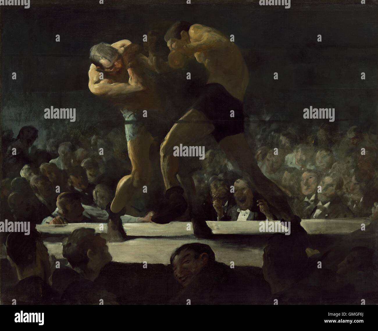 Club Night, by George Bellows, 1907, American painting, oil on canvas. Bellows' enhanced the realism of the boxing match by the Stock Photo