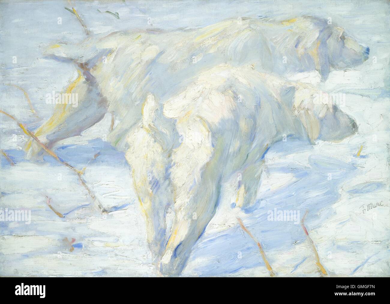 Siberian Dogs in the Snow, by Franz Marc, 1909-10, German painting, oil on canvas. This realist image was painted shortly before Marc embraced abstraction and became a key figure of the German Expressionist movement as founding member of Der Blaue Reiter (BSLOC 2016 6 96) Stock Photo