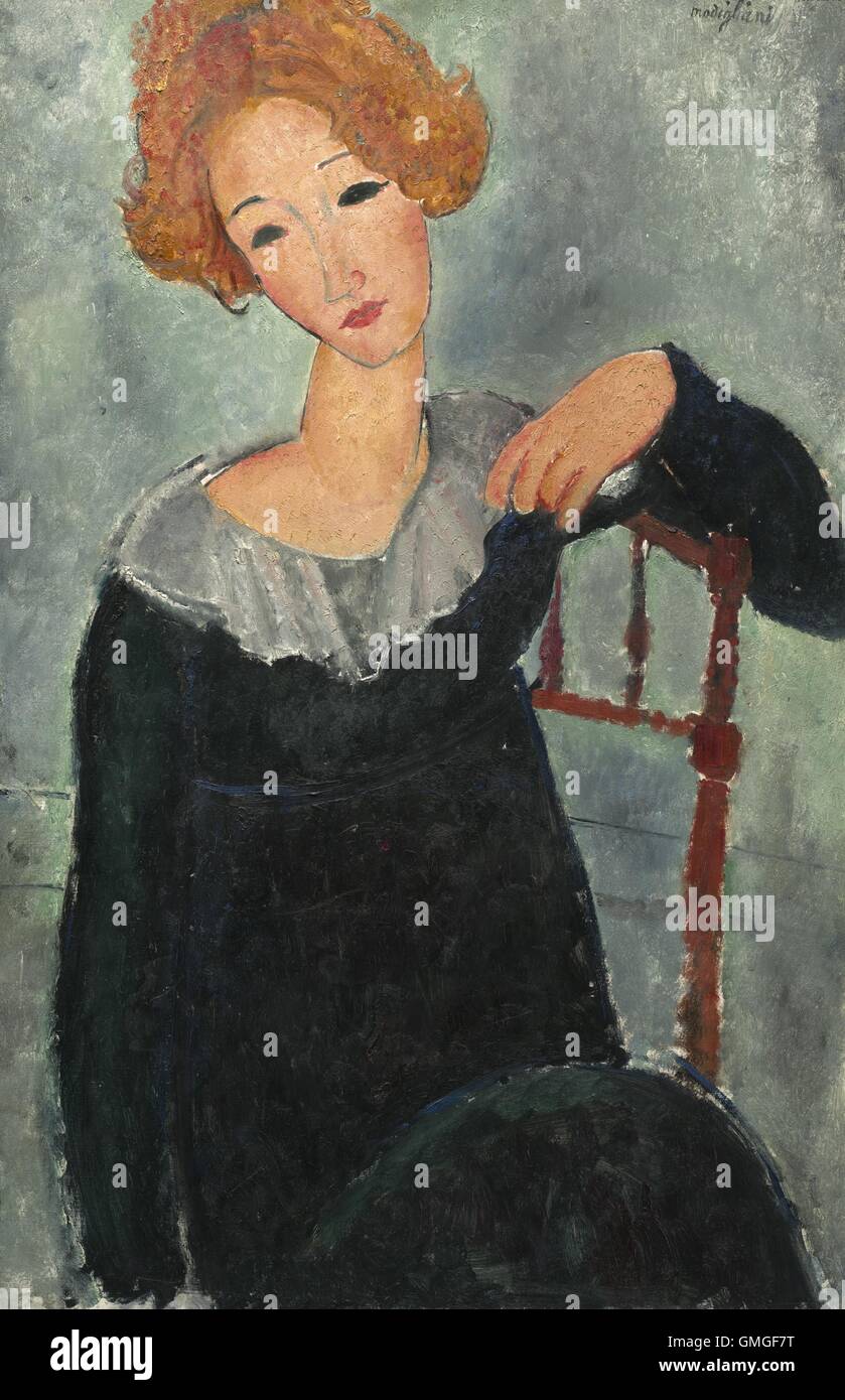 Woman with Red Hair, by Amedeo Modigliani, 1917, Italian painting, oil on  canvas. This is one of several 1917 portraits, painted in a stylized  abstraction which included miniaturized lips, elongated necks and