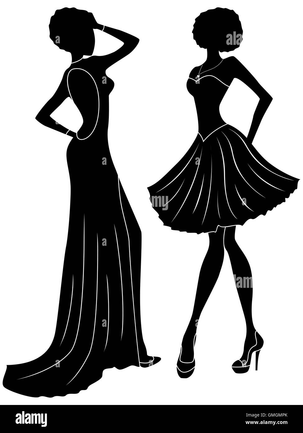 Abstract charming slender ladies in long and short gowns, hand drawing black stencil stylized vector silhouettes Stock Vector