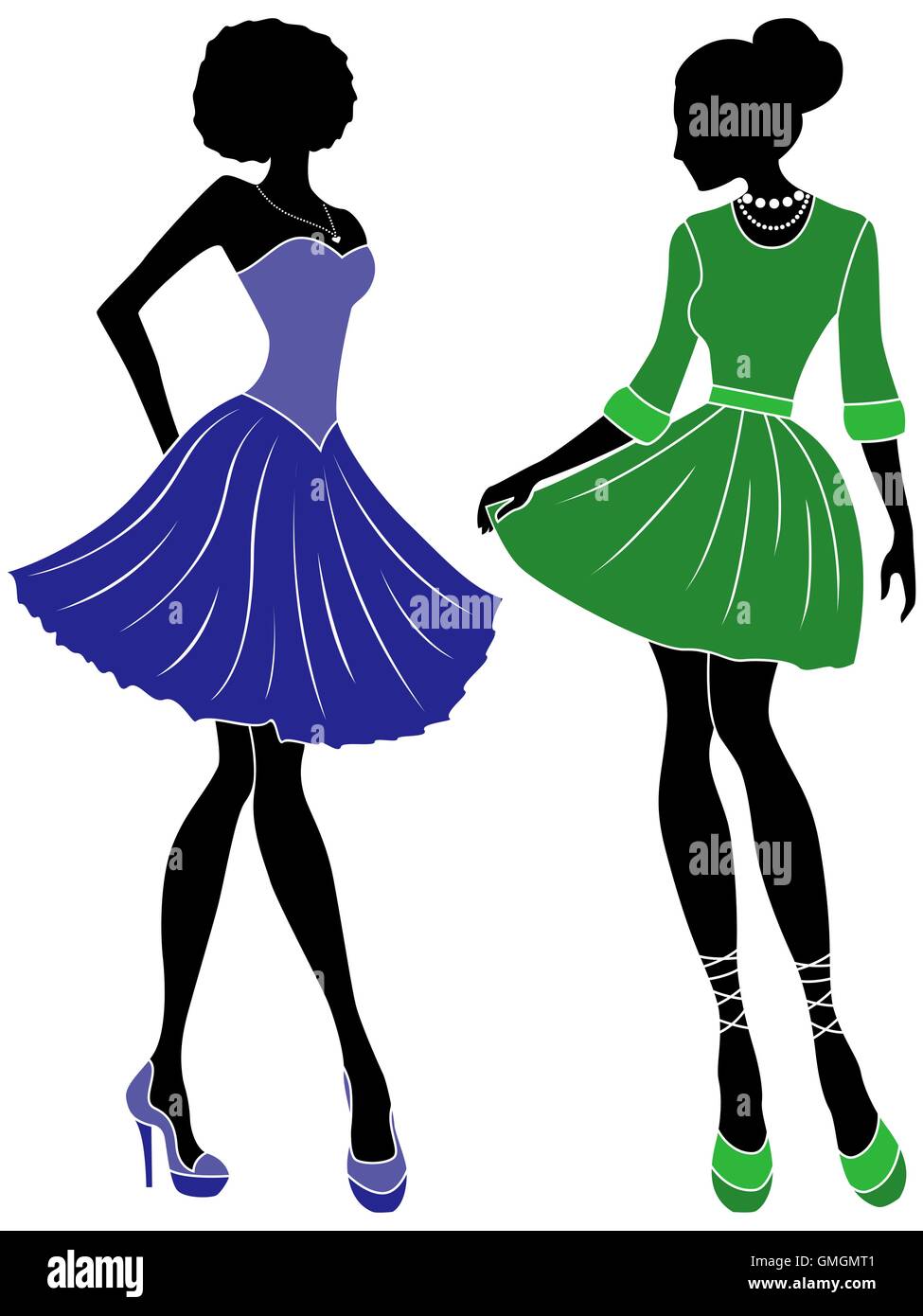 Abstract charming slender females in blue and green short dresses, hand drawing stylized color vector illustration Stock Vector