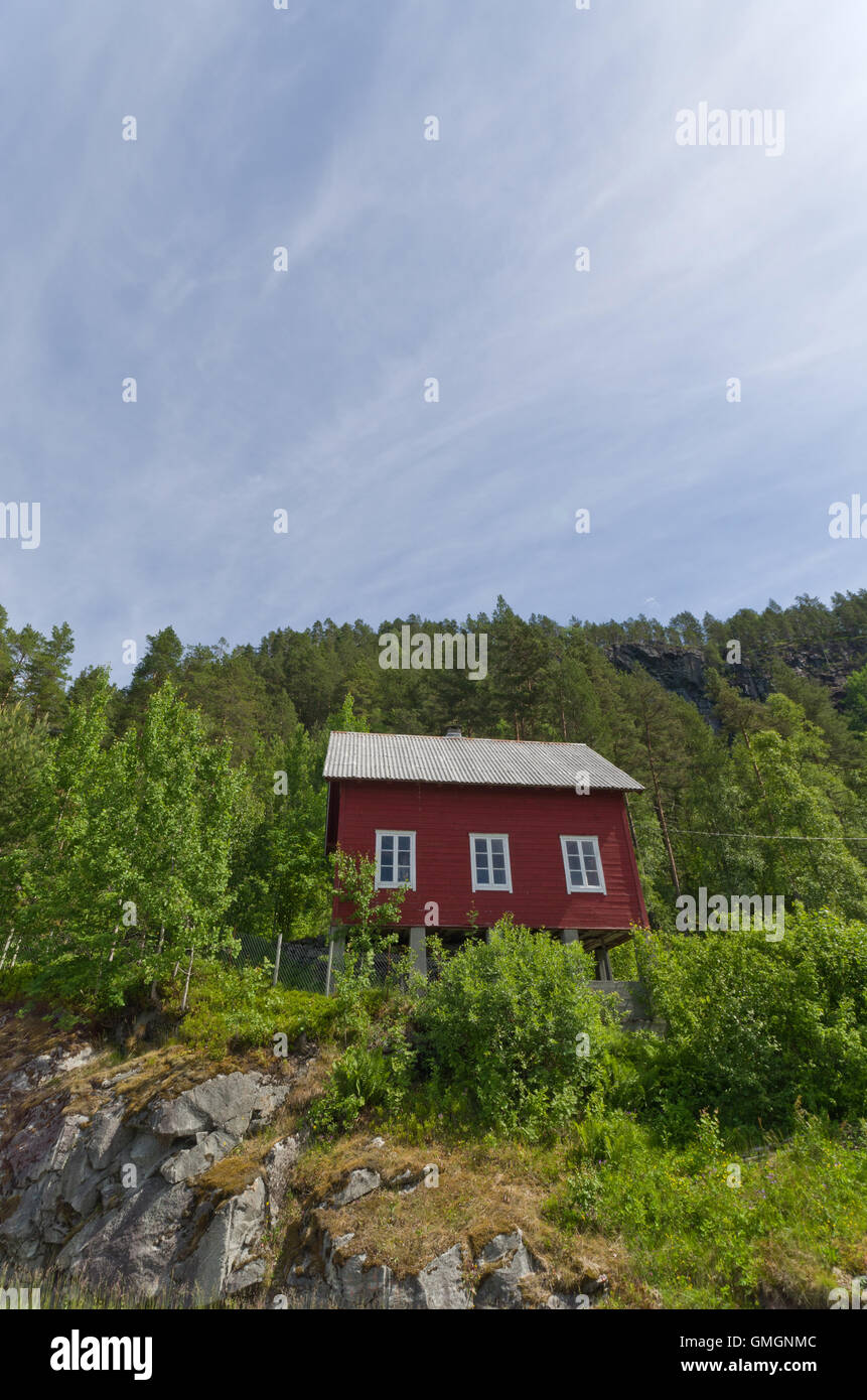 Nordic house overlooking Nordfjord, Norway. Stock Photo