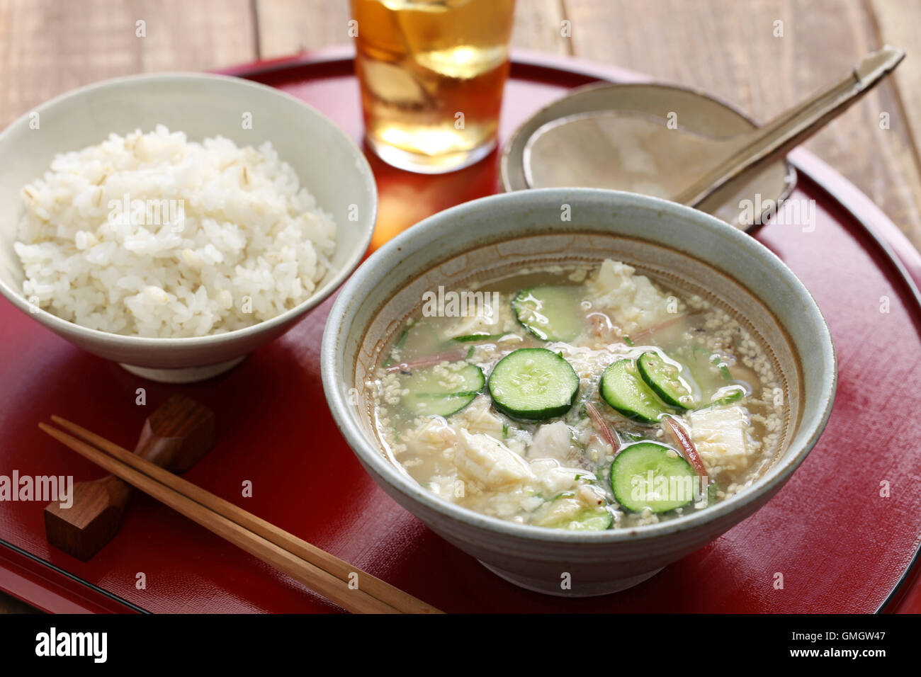 hiyajiru( cold miso soup ) with barley rice, japanese summer cuisine Stock Photo
