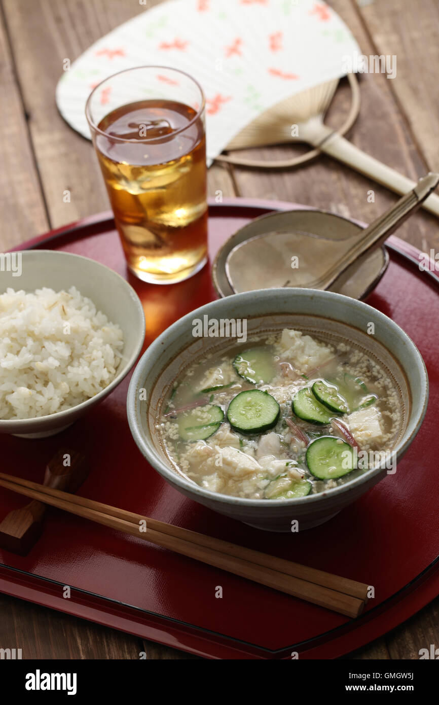 hiyajiru( cold miso soup ) with barley rice, japanese summer cuisine Stock Photo