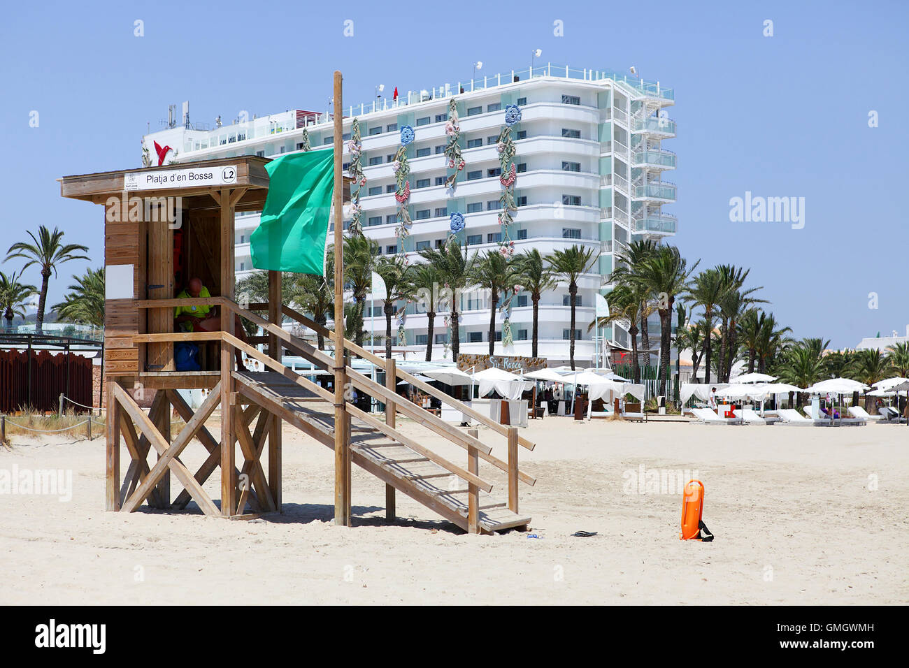 The Ushuaia Hotel at Platja D'en Bossa on the Spanish island of Ibiza. Viewed here from the beach. Stock Photo
