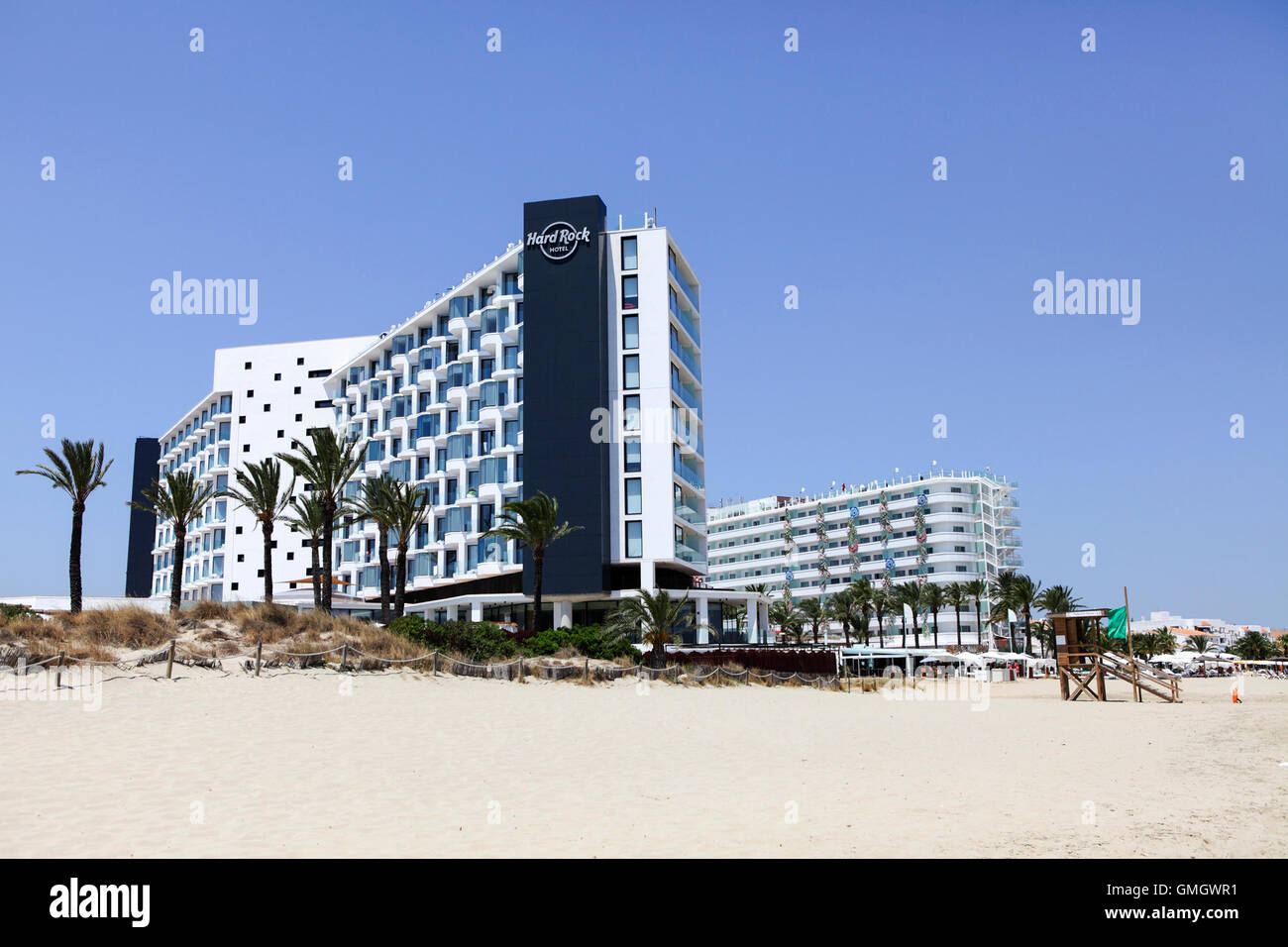 The Hard Rock Hotel and The Ushuaia Hotel at Platja D'en Bossa on the Spanish island of Ibiza. Viewed here from the beach. Stock Photo