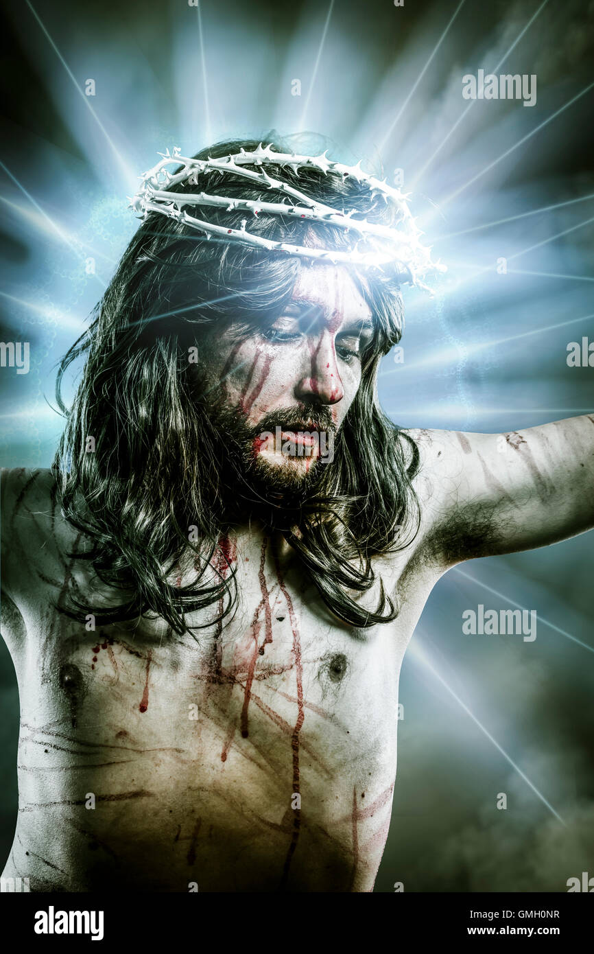 Calvary Jesus Man Bleeding Representation Of Passion With Blue Stock