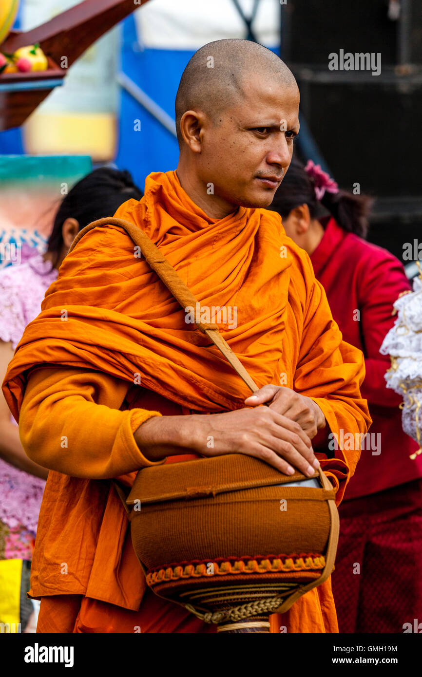 Thai Buddhist Monk Collecting Donated Food At The Brighton Thai