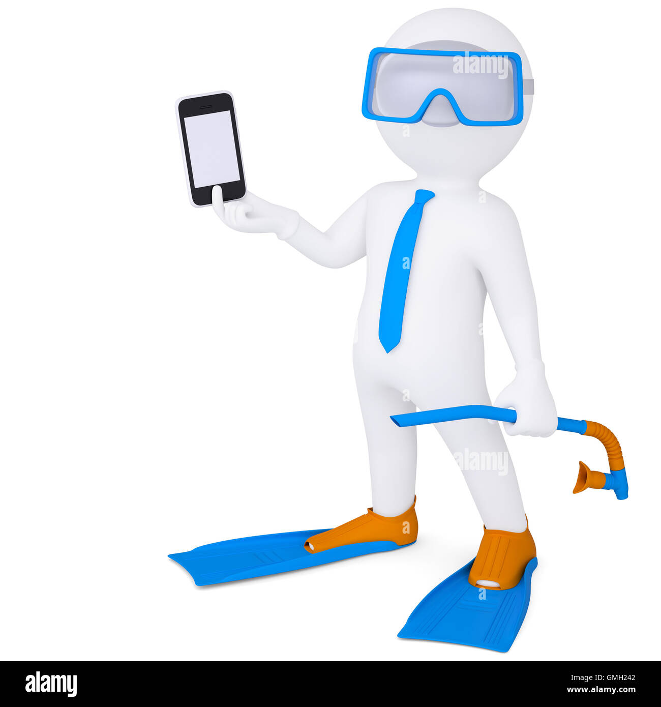 3d man in flippers holding smartphone Stock Photo - Alamy