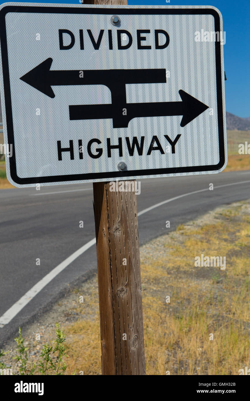 Rural Divided highway sign on highway 395 Stock Photo