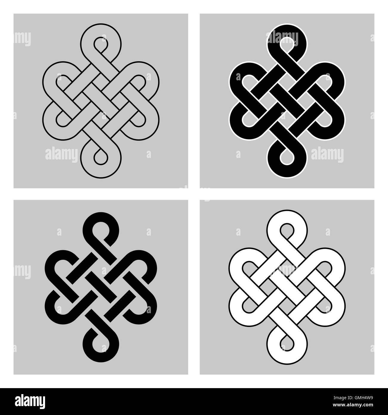 Four variants of the Endless Knot. Sacred symbol of the rebirth's concatenation in the Buddhism. Rounded version. Stock Vector