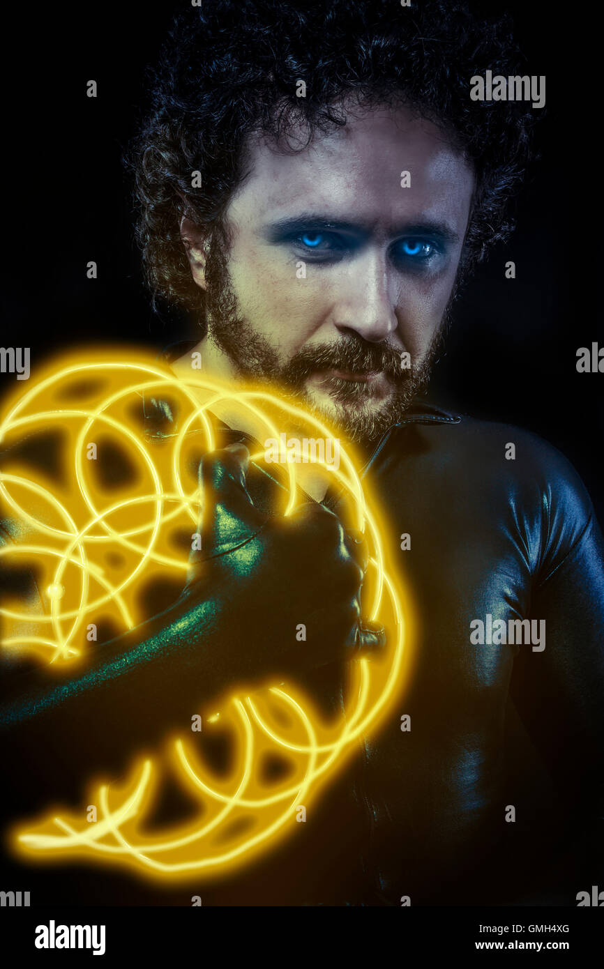 aggressive and mysterious future soldier, warrior latex suit and Stock