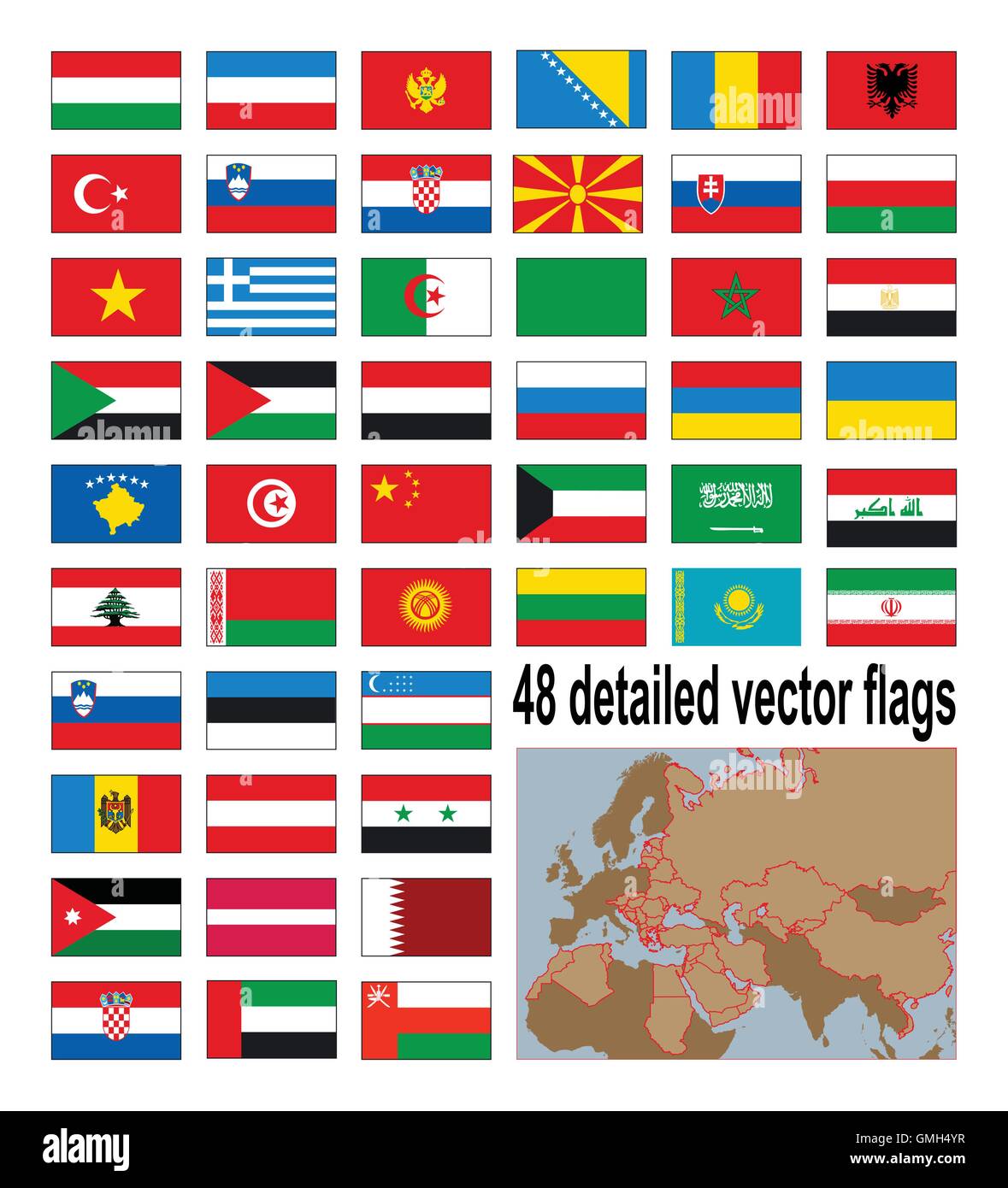 Detailed vector flags of 48 European, Asian and African states. Algeria, Egypt, Greece, Iran, Iraq, Jordan, Lebanon, etc. Stock Vector