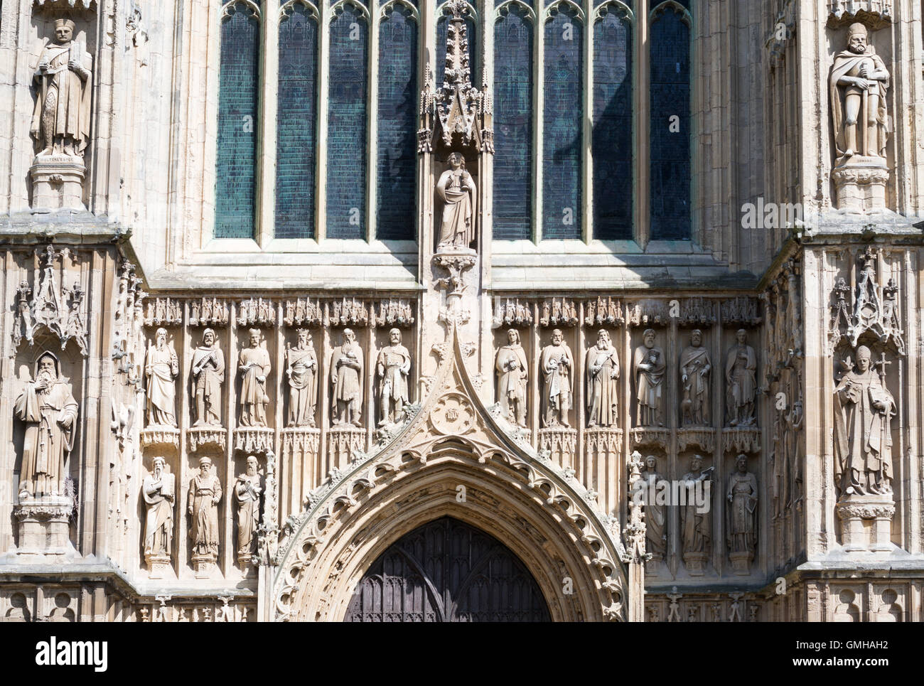 Carved statues on the West facade of Beverley Minster, East Riding of Yorkshire, England, UK Stock Photo