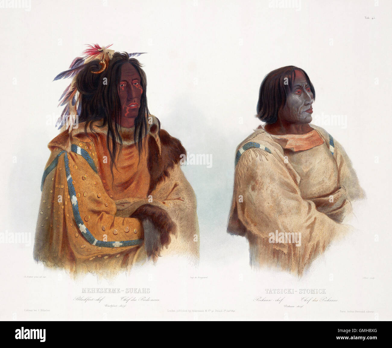 A portrait of Assiniboine Native Americans by Karl Bodmer Stock Photo