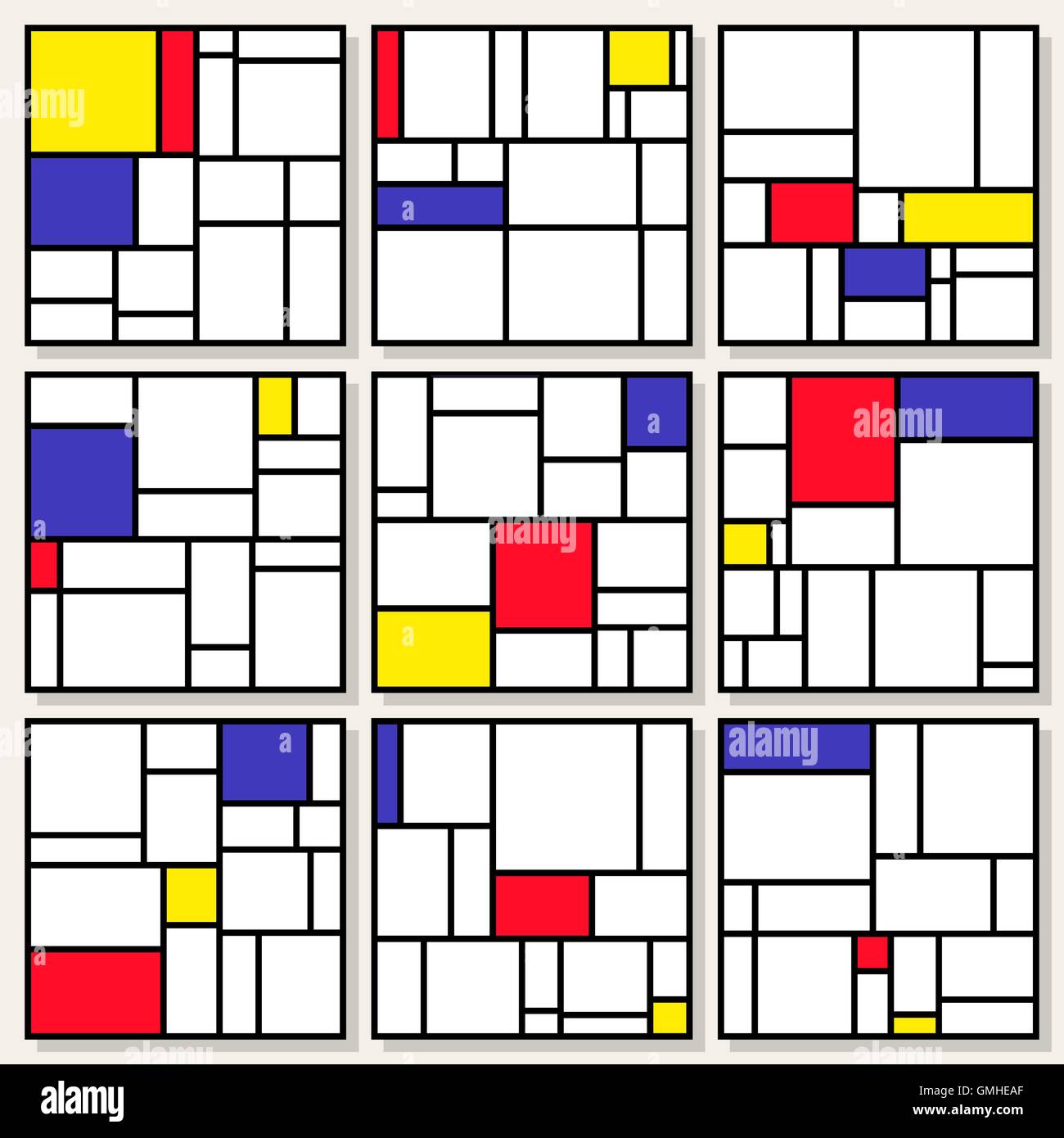 Set Of Nine Vector Square Compositions in Piet Mondrian De Stijl Style Stock Vector