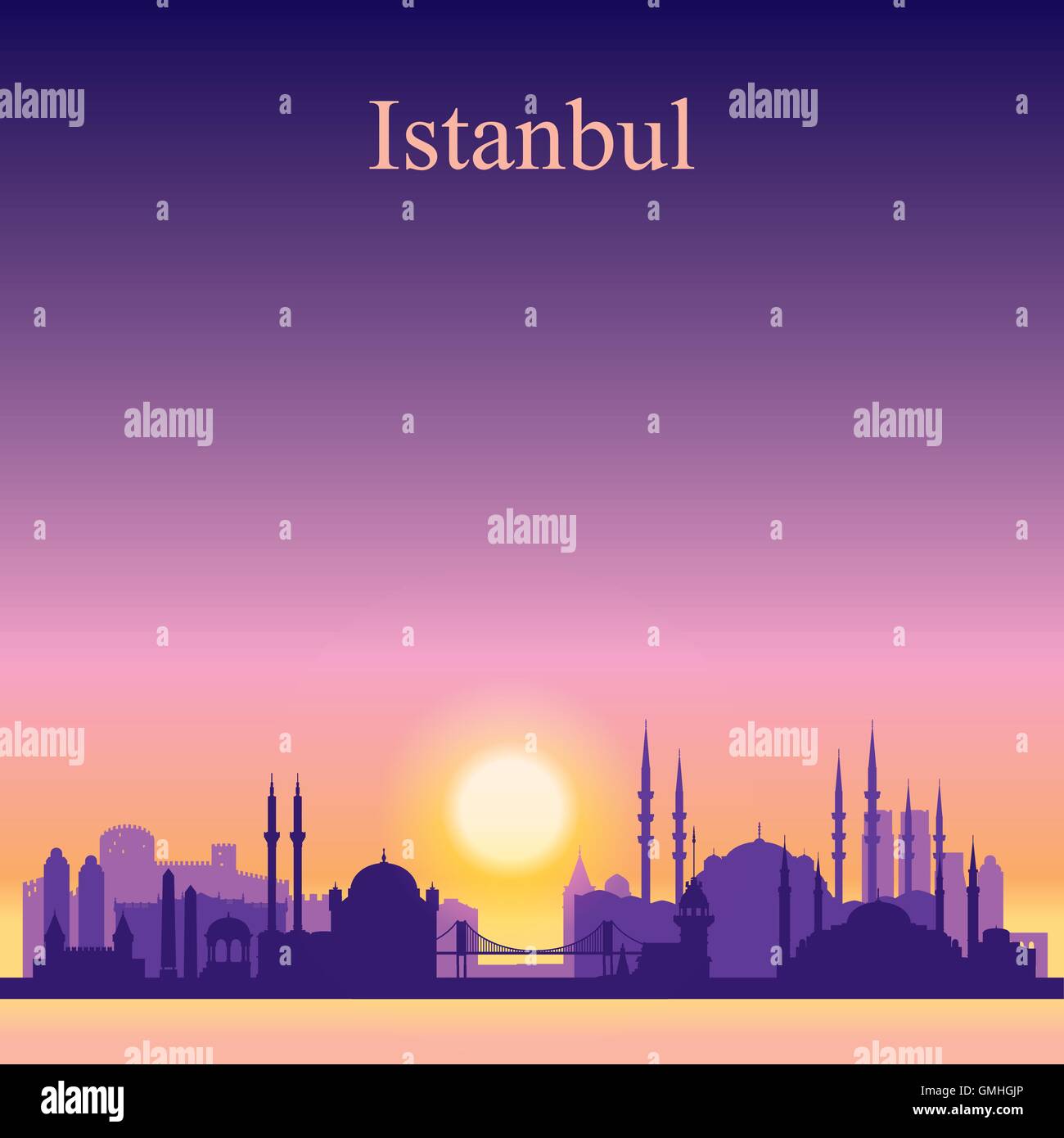 Istanbul city skyline silhouette on sunset background Stock Vector