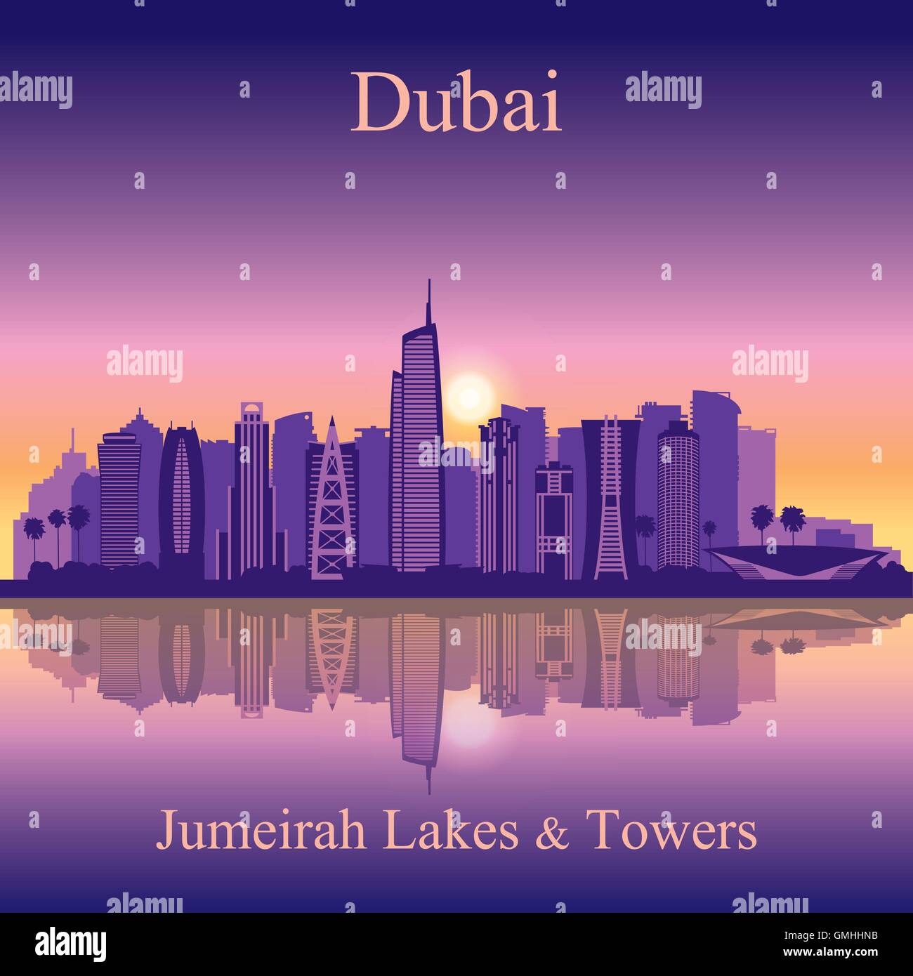 Dubai Jumeirah Lakes Towers skyline silhouette background Stock Vector