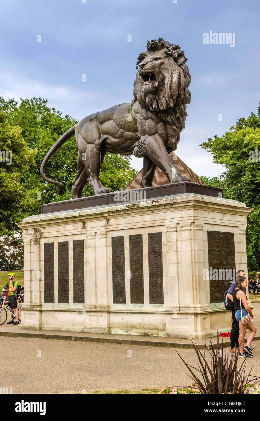 The Maiwand Lion stands in the centre of Forbury Gardens in Reading, Berkshire. Stock Photo