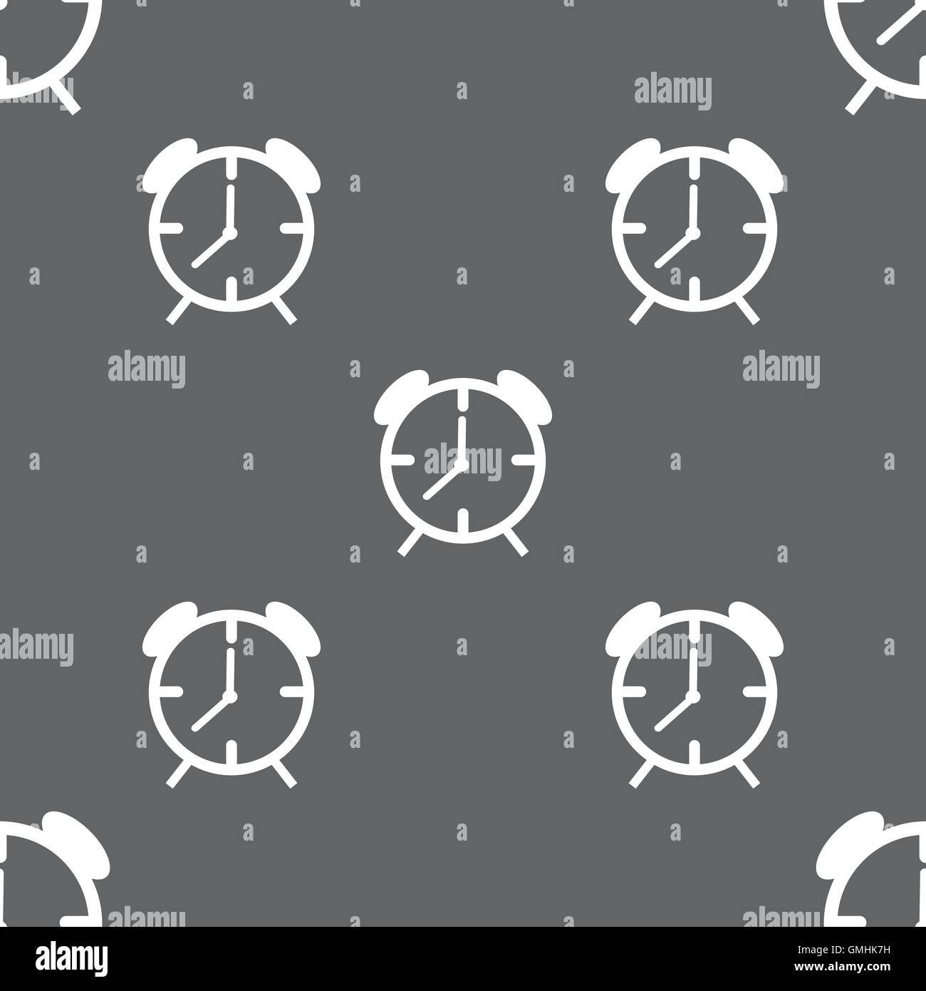 Alarm clock sign icon. Wake up alarm symbol. Seamless pattern on a gray ...