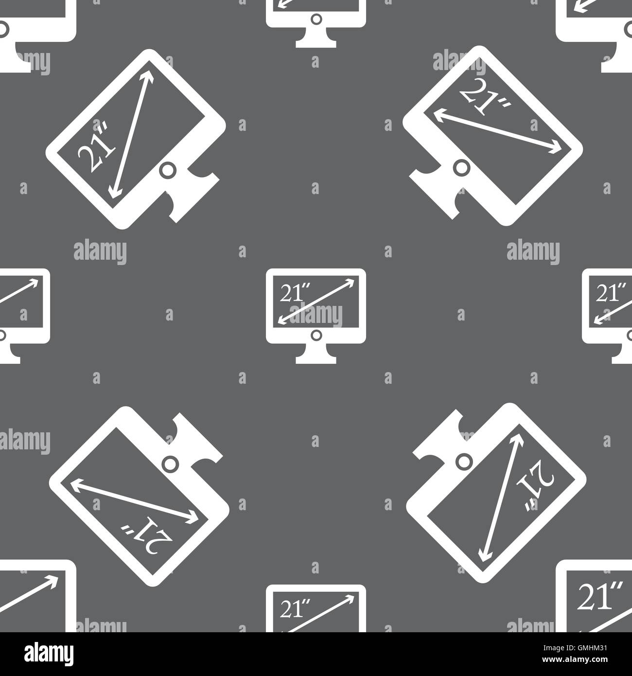 diagonal of the monitor 21 inches icon sign. Seamless pattern on a gray ...