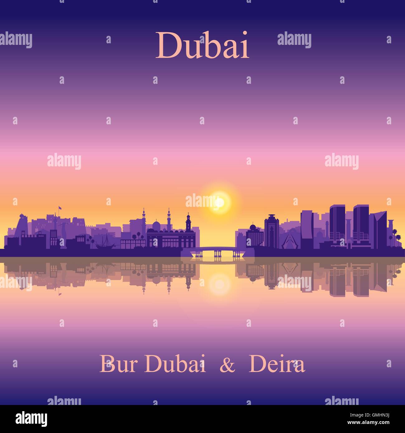 Dubai Deira and Bur Dubai skyline silhouette background Stock Vector