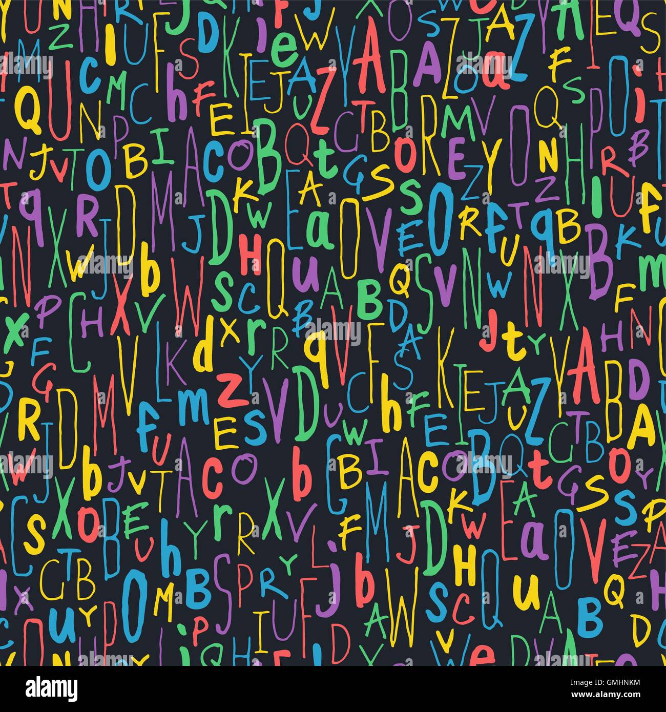 Colorful Different Letters on Black. Alphabet Seamless Pattern. Stock Vector