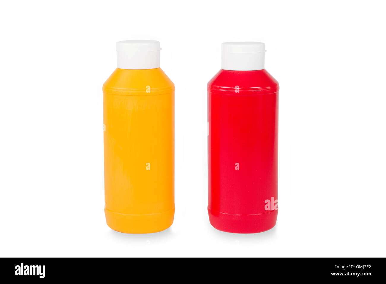 Mustard and Ketchup in plastic bottles isolated on white background