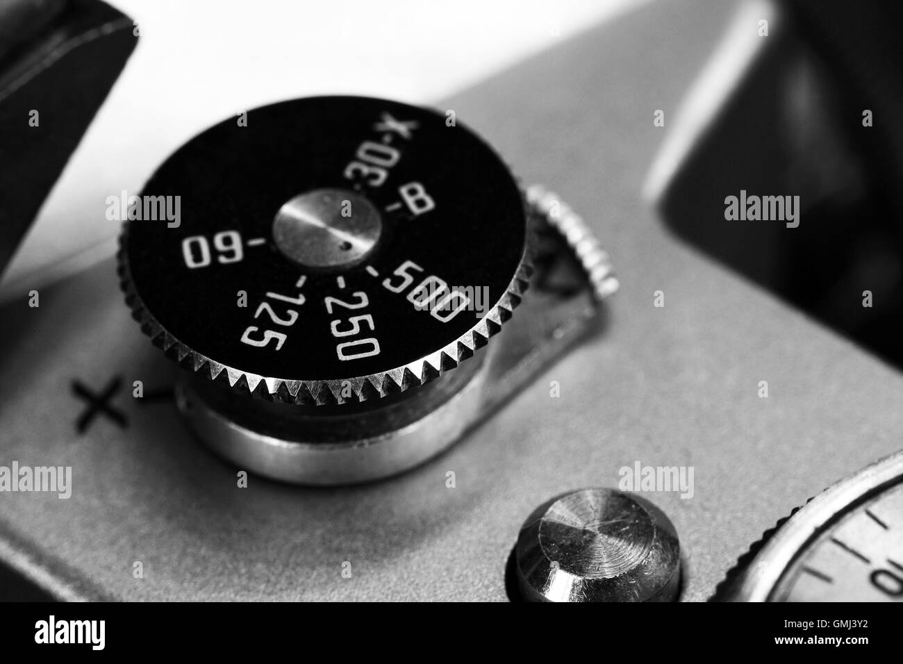Old russiam camera shutter speed buttons close up Stock Photo