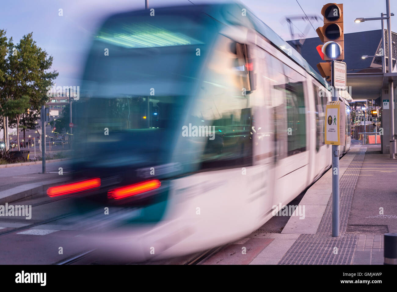 BARCELONA, SPAIN - JULY 27, 2016: Barcelona tram in motion. The tram is going through the Diagonal avenue Stock Photo