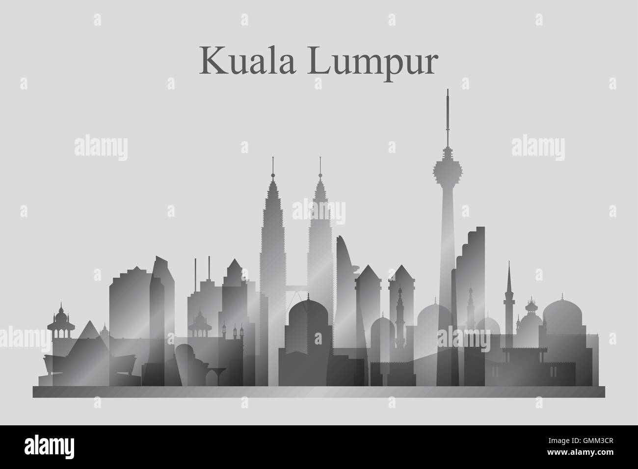 Kuala Lumpur city skyline silhouette in grayscale Stock Vector