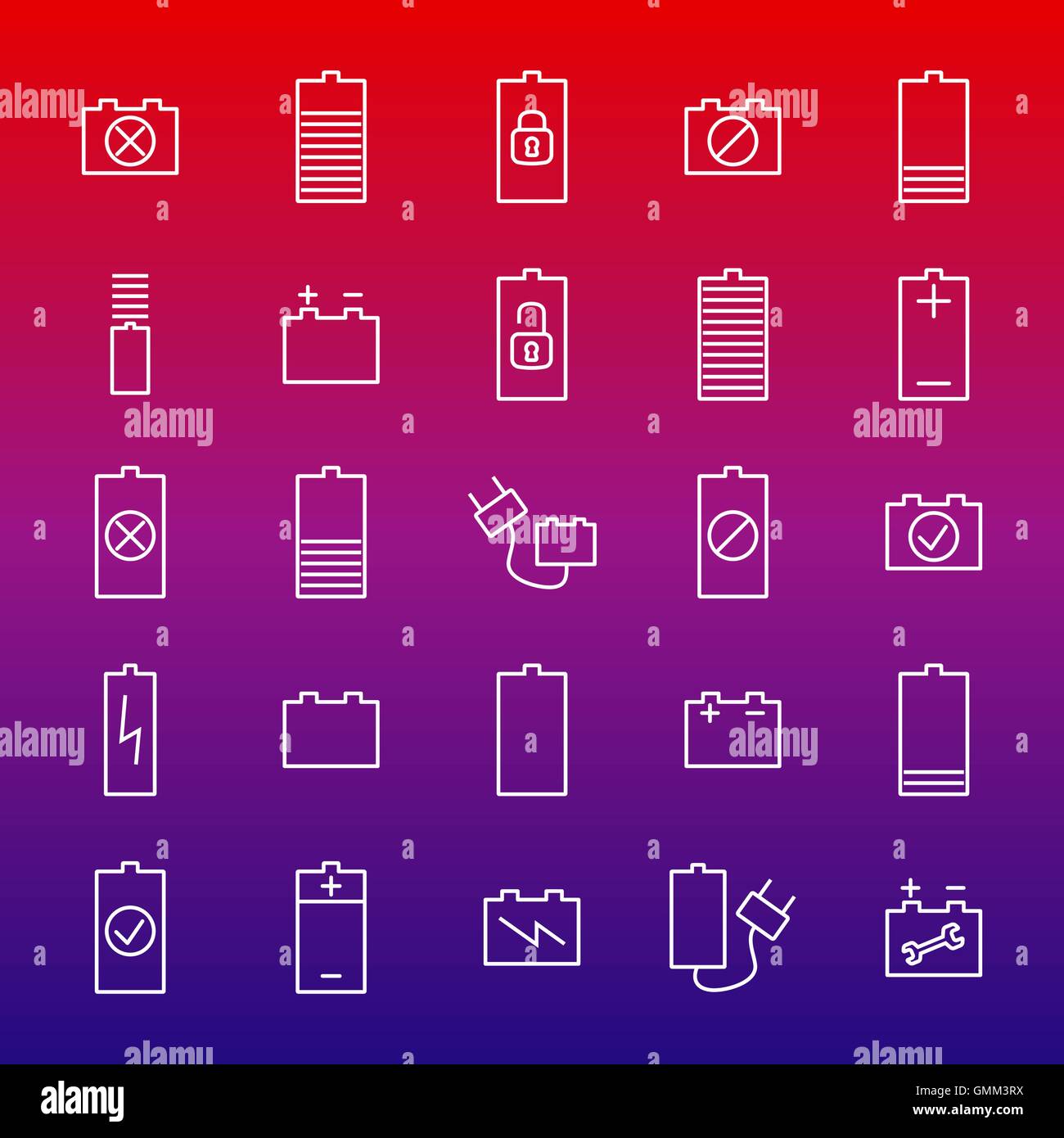 Set of linear battery icons, vector illustration. Stock Vector