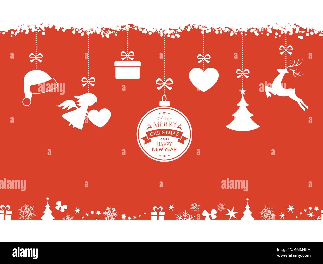 Red Christmas background with hanging ornaments and border Stock Vector