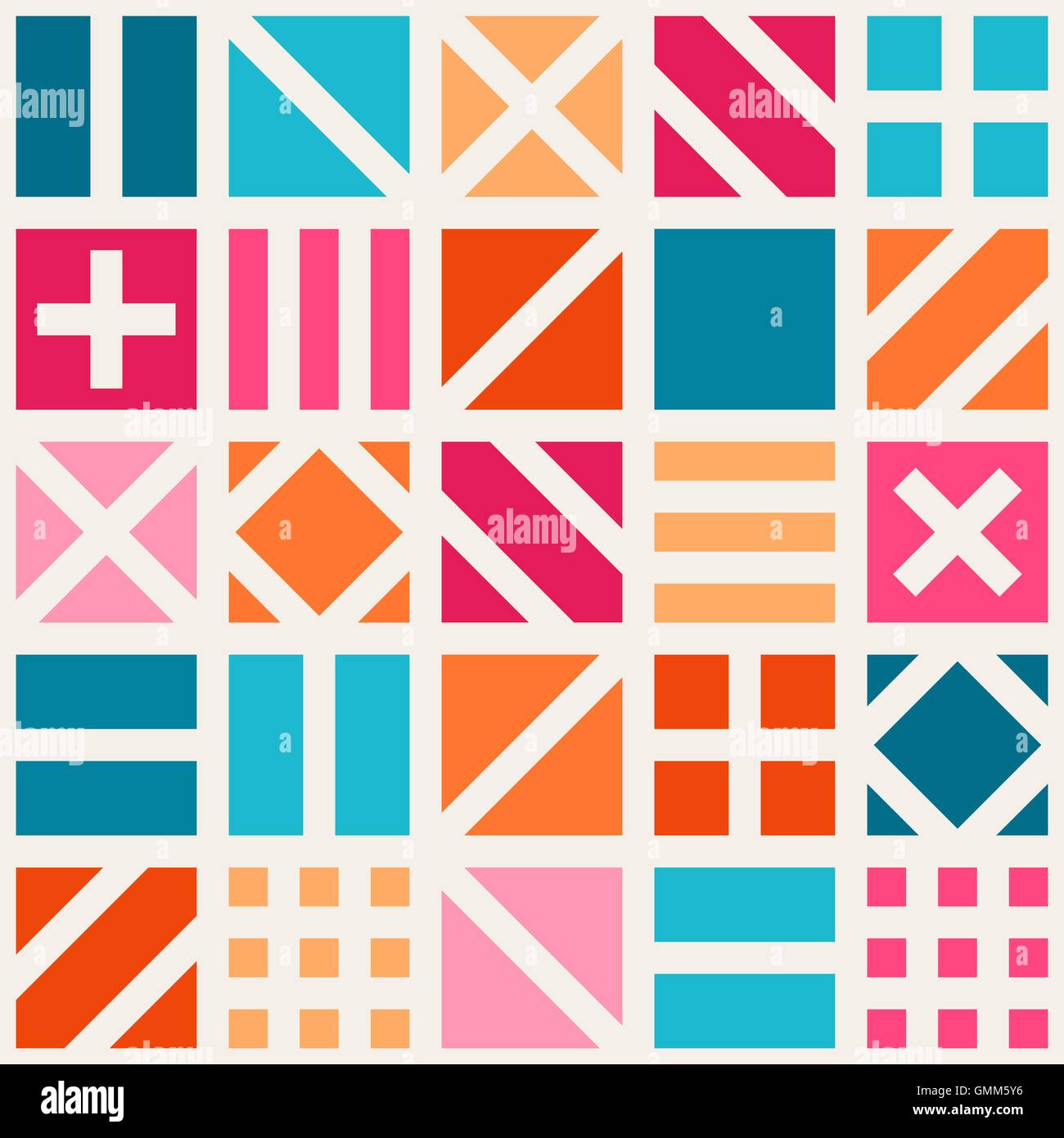Vector Seamless Geometric Square Irregular Quilt Tiling Pattern in Pink Blue and Orange Stock Vector