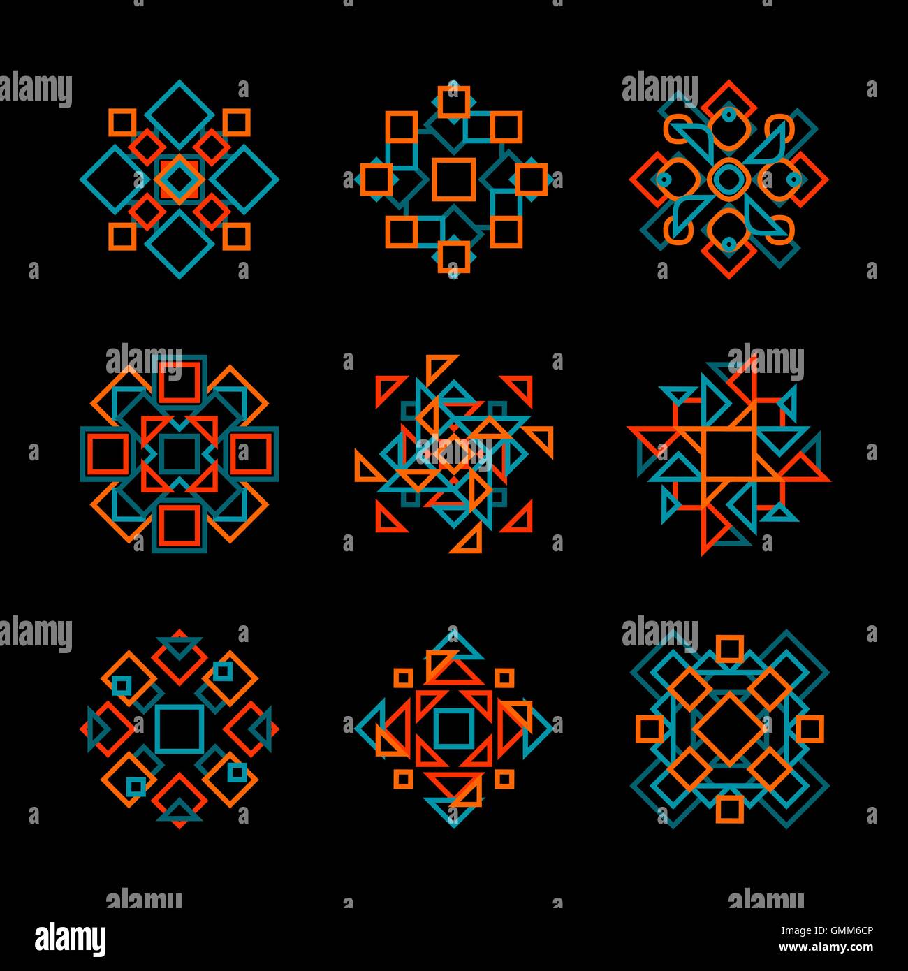 Set of Nine Vector Teal Orange Line Art Geometric Pattern Elements Stock Vector