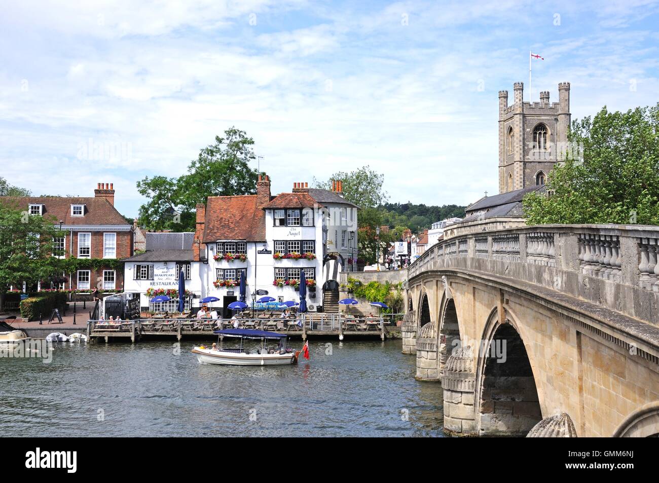 View across the River Thames towards The Angel Pub, Henley-on-Thames, Oxfordshire, England, UK, Western Europe. Stock Photo